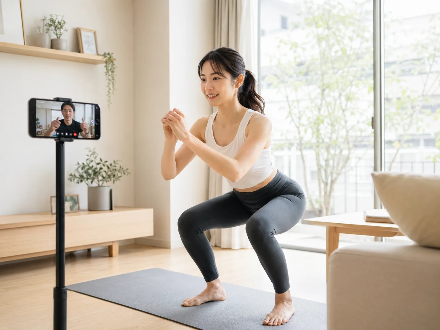 スマホ画面越しにトレーナーと話しながら自宅でトレーニングしている女性