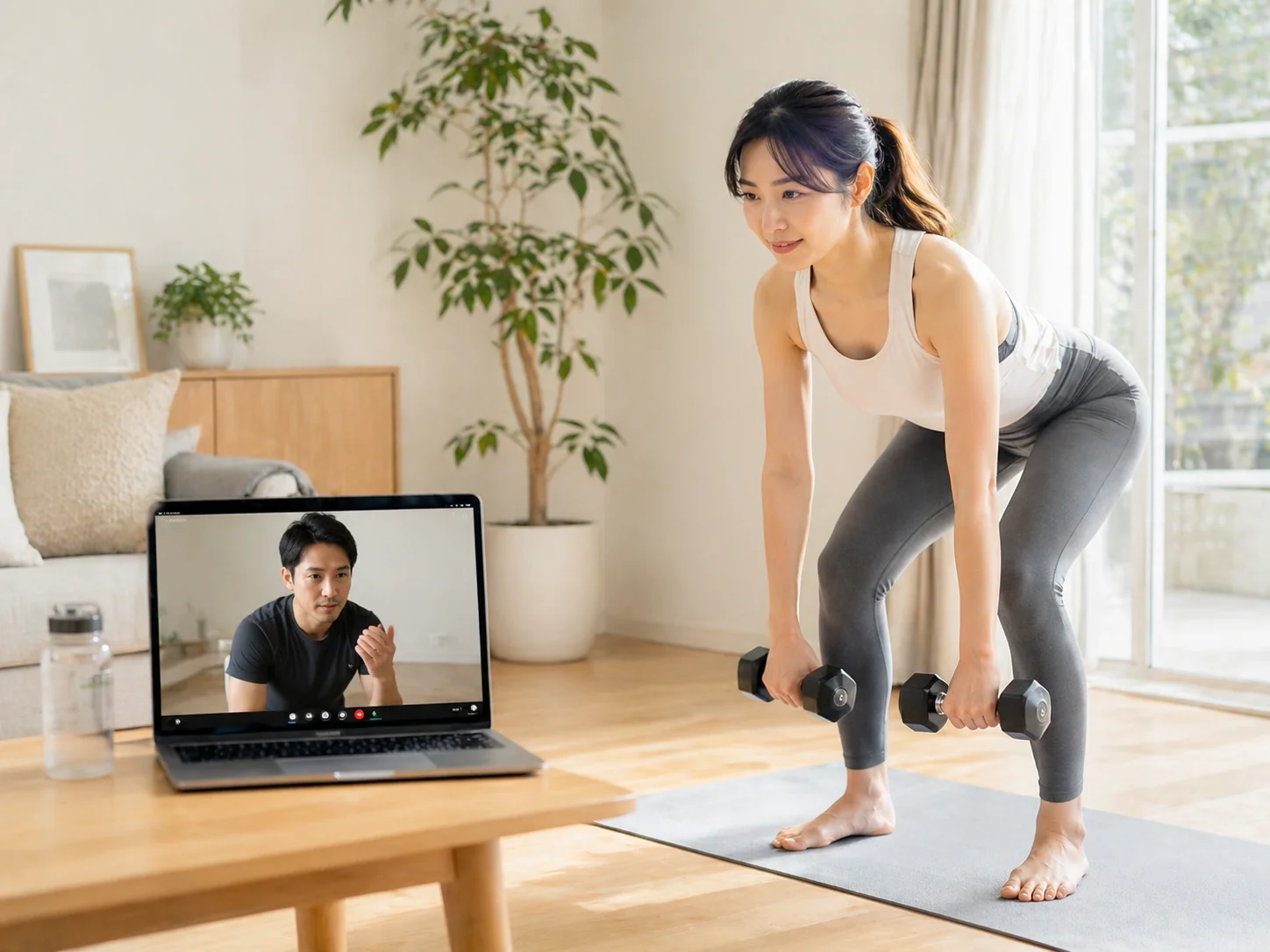 Zoom画面のトレーナーと自宅でフォームを取っているクライアントのシーン