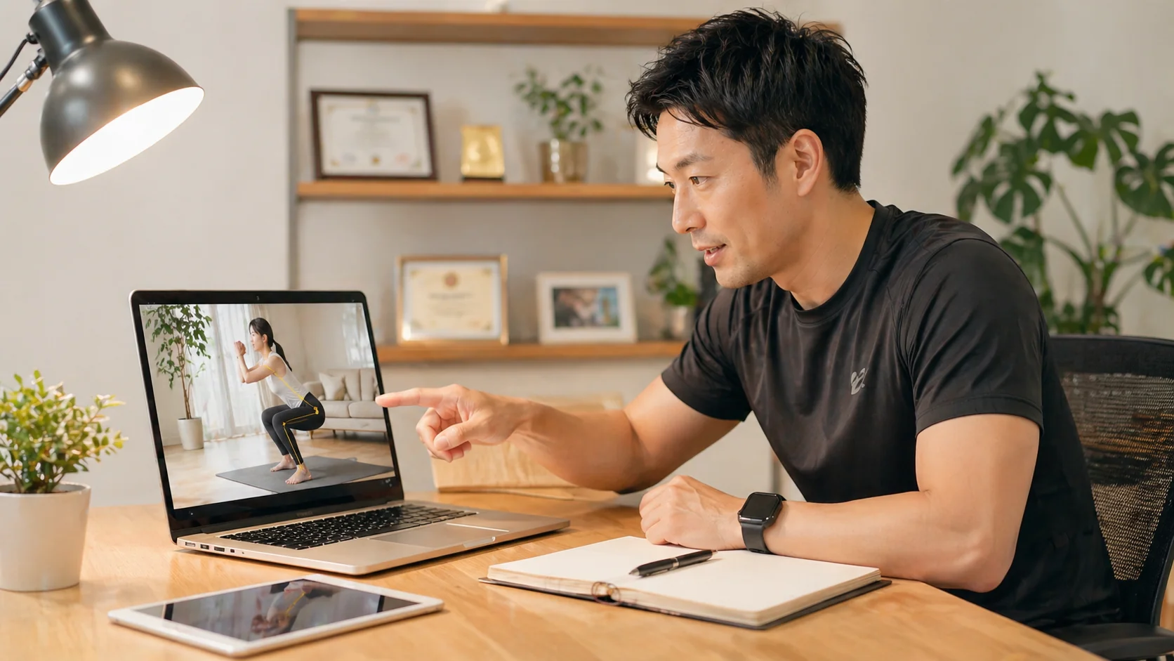 トレーナーがノートPCの前で画面を指差しながらフォームを確認しているシーン