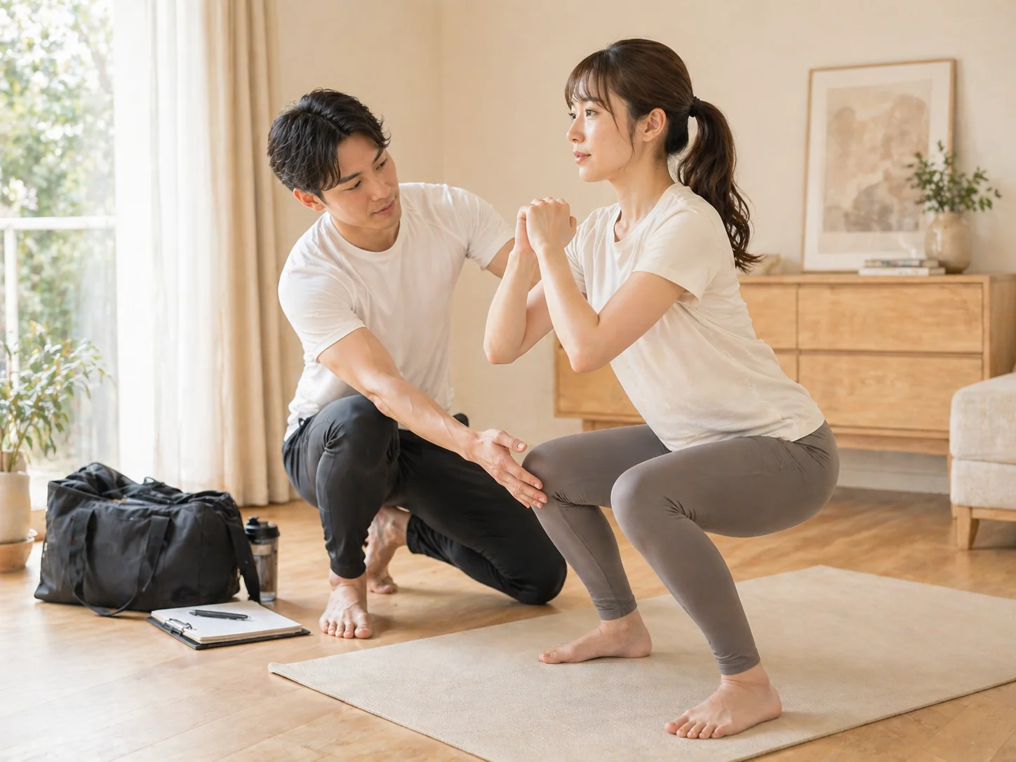 ご自宅のリビングで、トレーナーがしゃがんだ姿勢のフォームを確認している出張パーソナルの様子