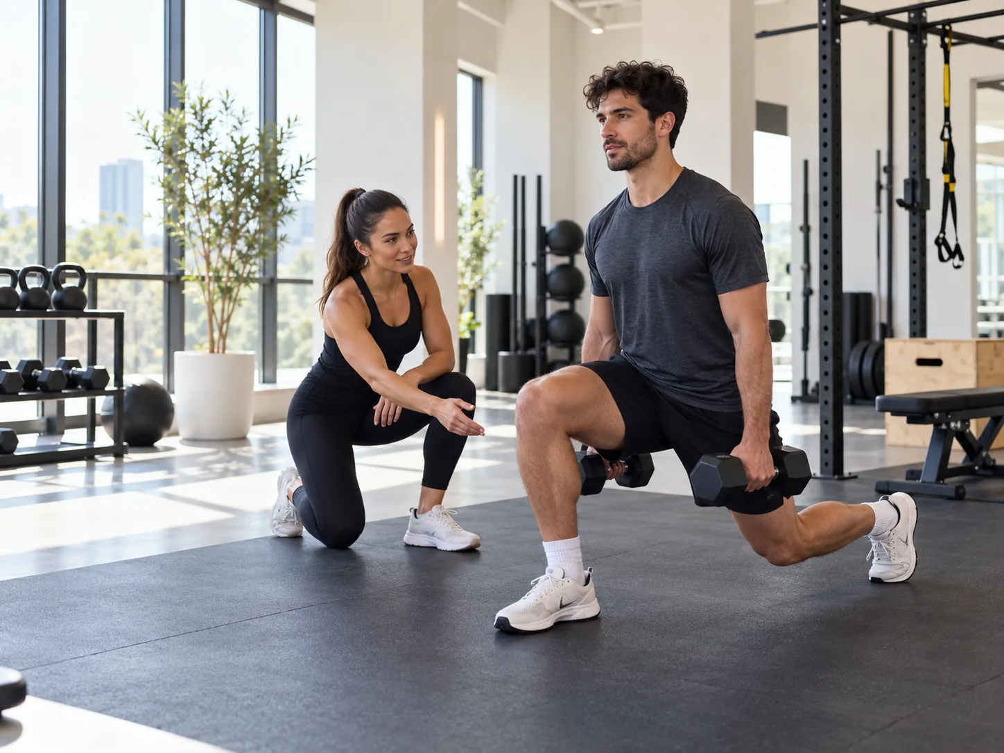 A trainer kneeling beside a client to cue his form during a dumbbell lunge