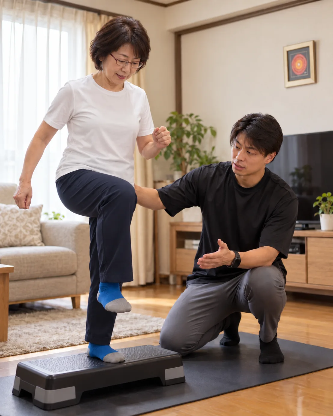自宅のリビングで、踏み台を使った段差の昇り降りをトレーナーが隣で見守りながら指導している様子