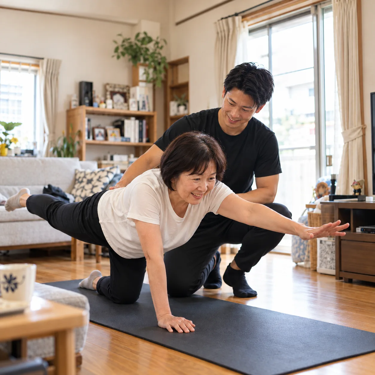 リビングのマットの上で、四つ這いから手脚を伸ばす種目をトレーナーが背中を支えながら指導している様子