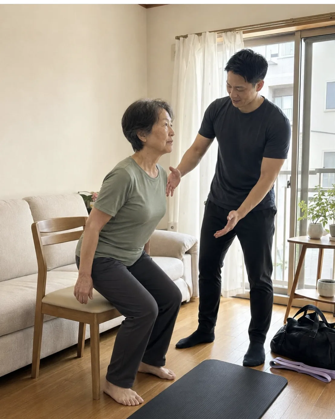椅子からの立ち座りを、トレーナーが横で手を添えながら確認している様子