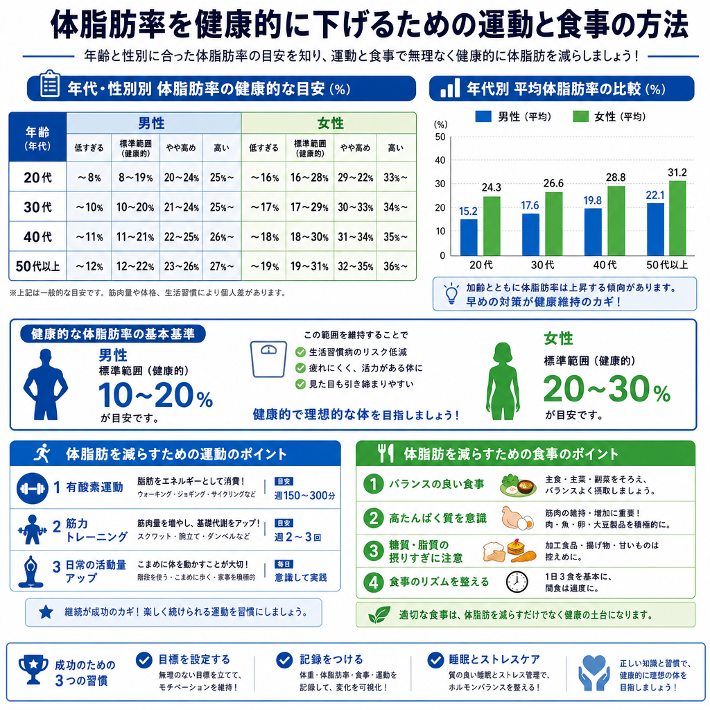 体脂肪率を健康的に下げるための運動と食事の方法
