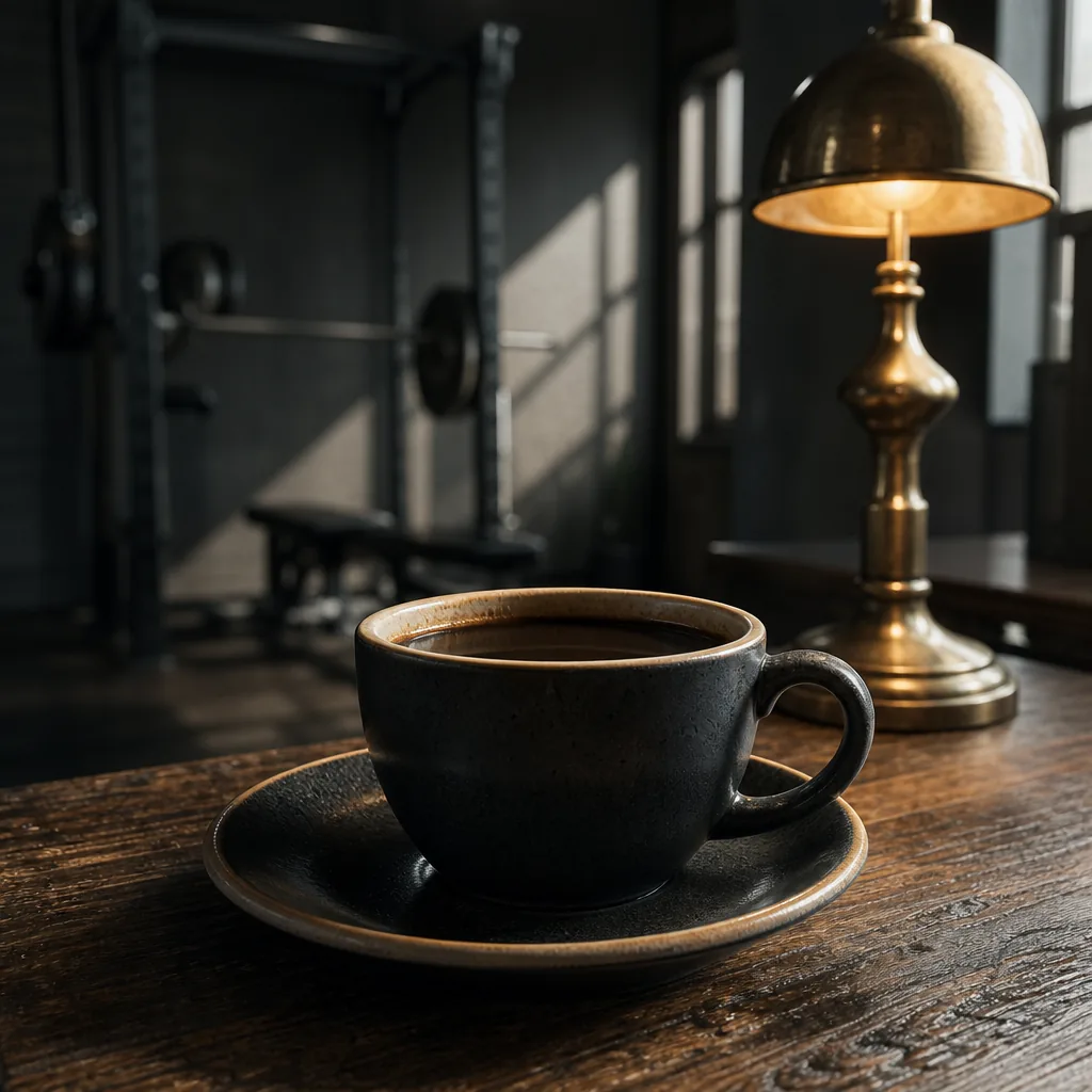 A freshly brewed coffee in a dark ceramic cup on a wood table, brass lamp and power rack softly blurred behind