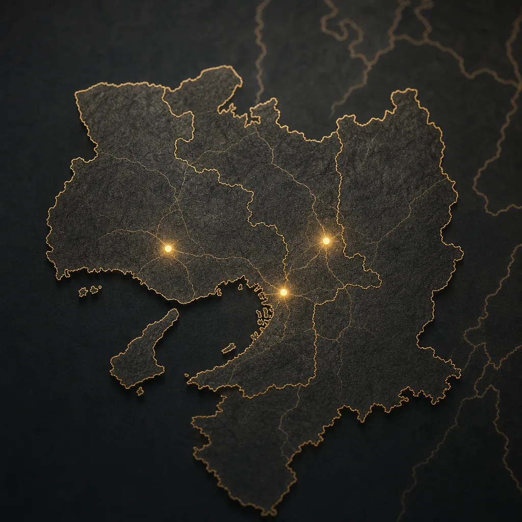 Stylized dark map of Japan's Kansai region with brass-gold outlines and glowing dots marking Osaka, Hyogo and Kyoto