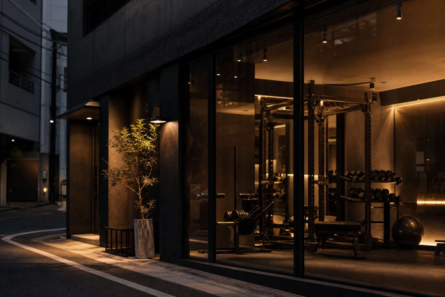 Street-facing ground-floor exterior of the FIT STAGE Esaka studio at dusk, warm interior light glowing through the glass front