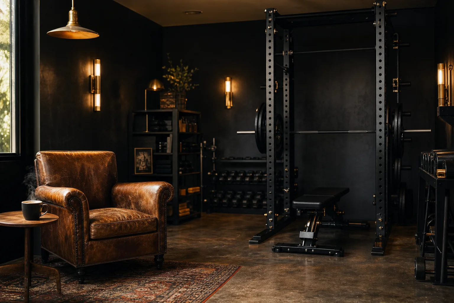 Interior of the private FIT STAGE Esaka studio: vintage leather armchair, brass lighting, EVOLGEAR power rack and free weights